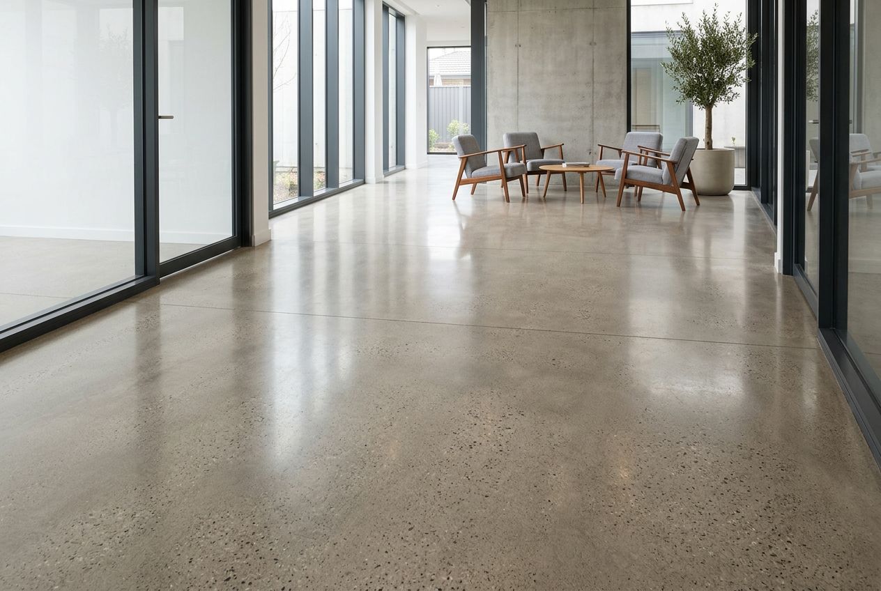 Een gedetailleerde weergave van een betonnen vloer met een transparante zijdeglans coating. Een gedetailleerde weergave van een betonnen vloer met een transparante zijdeglans coating.