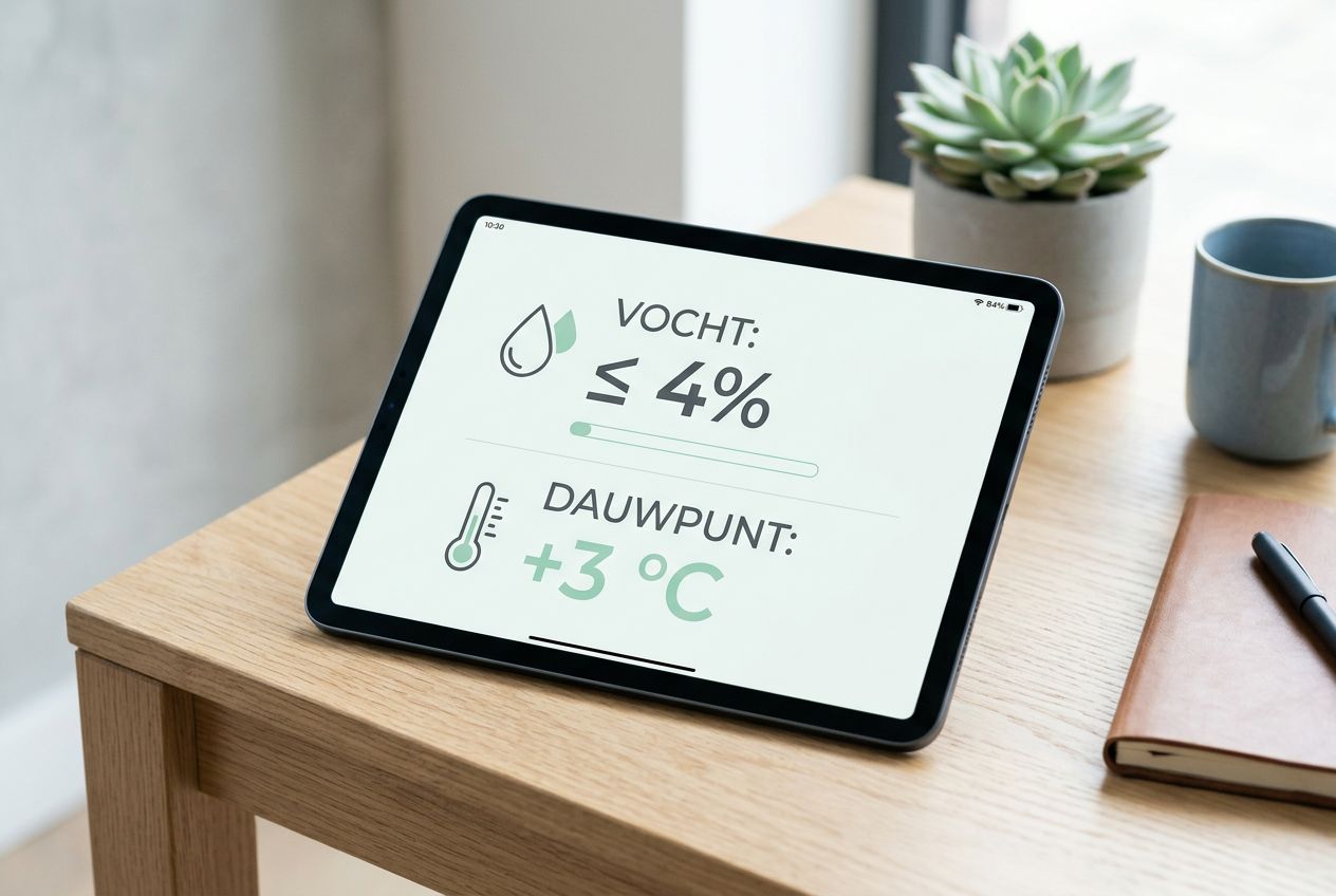 Infographic met de twee belangrijkste controles: vochtpercentage en dauwpunt. Infographic met de twee belangrijkste controles: vochtpercentage en dauwpunt.