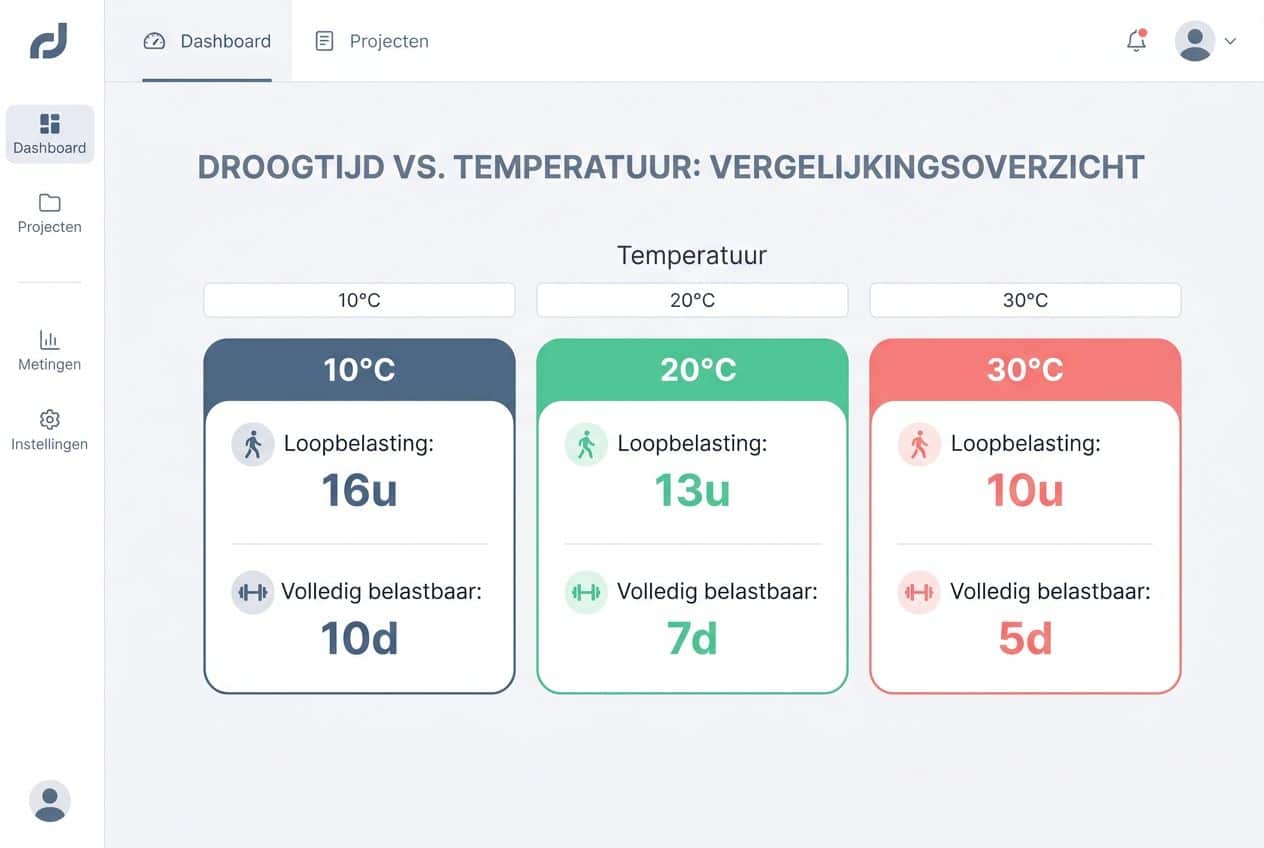 Grafiek met de droogtijd en belastbaarheid van epoxy bij verschillende temperaturen. Grafiek met de droogtijd en belastbaarheid van epoxy bij verschillende temperaturen.