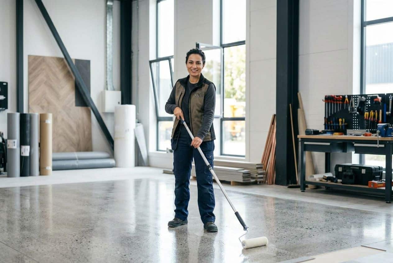 Een vloerexpert die veilig en geventileerd een watergedragen transparante vloercoating aanbrengt. Een vloerexpert die veilig en geventileerd een watergedragen transparante vloercoating aanbrengt.