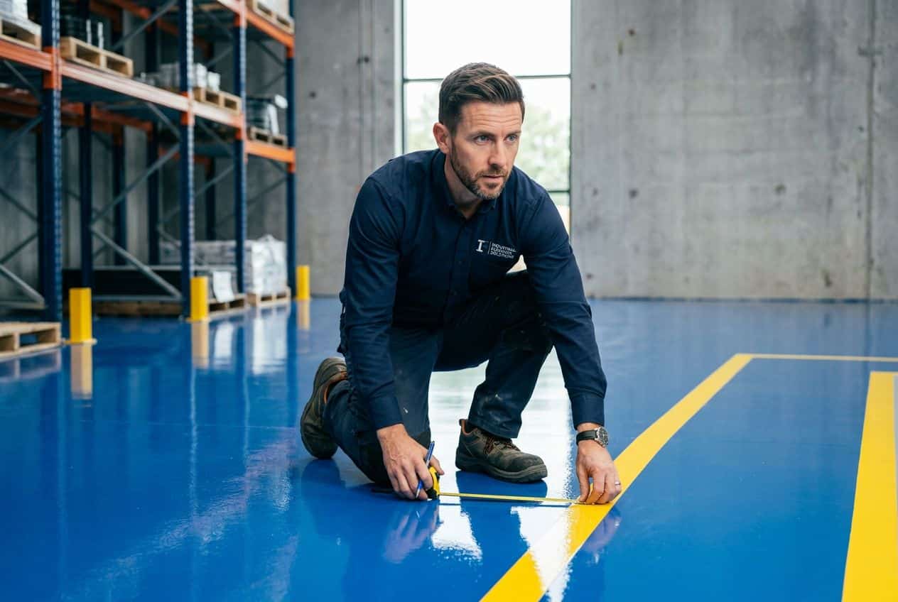 Vloerexpert inspecteert de veiligheidsbelijning en glans van een nieuwe epoxy magazijnvloer. Vloerexpert inspecteert de veiligheidsbelijning en glans van een nieuwe epoxy magazijnvloer.