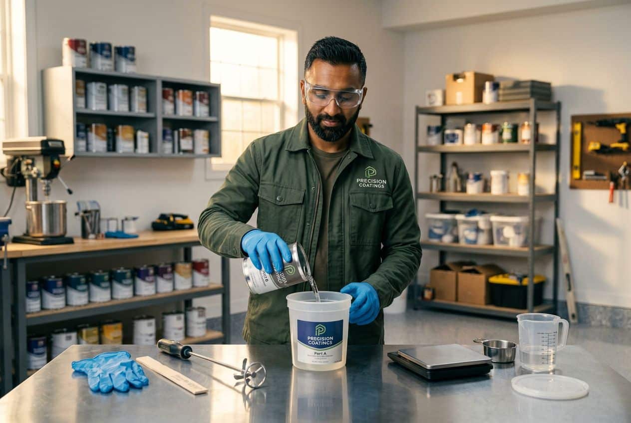 Expert met veiligheidsbril en nitril handschoenen bereidt epoxy voor. Expert met veiligheidsbril en nitril handschoenen bereidt epoxy voor.