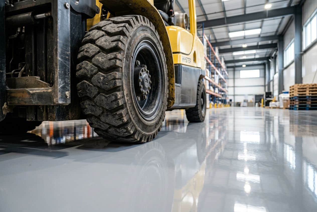 Een heftruck op een strakke, krasvrije epoxy vloercoating in een modern magazijn. Een heftruck op een strakke, krasvrije epoxy vloercoating in een modern magazijn.