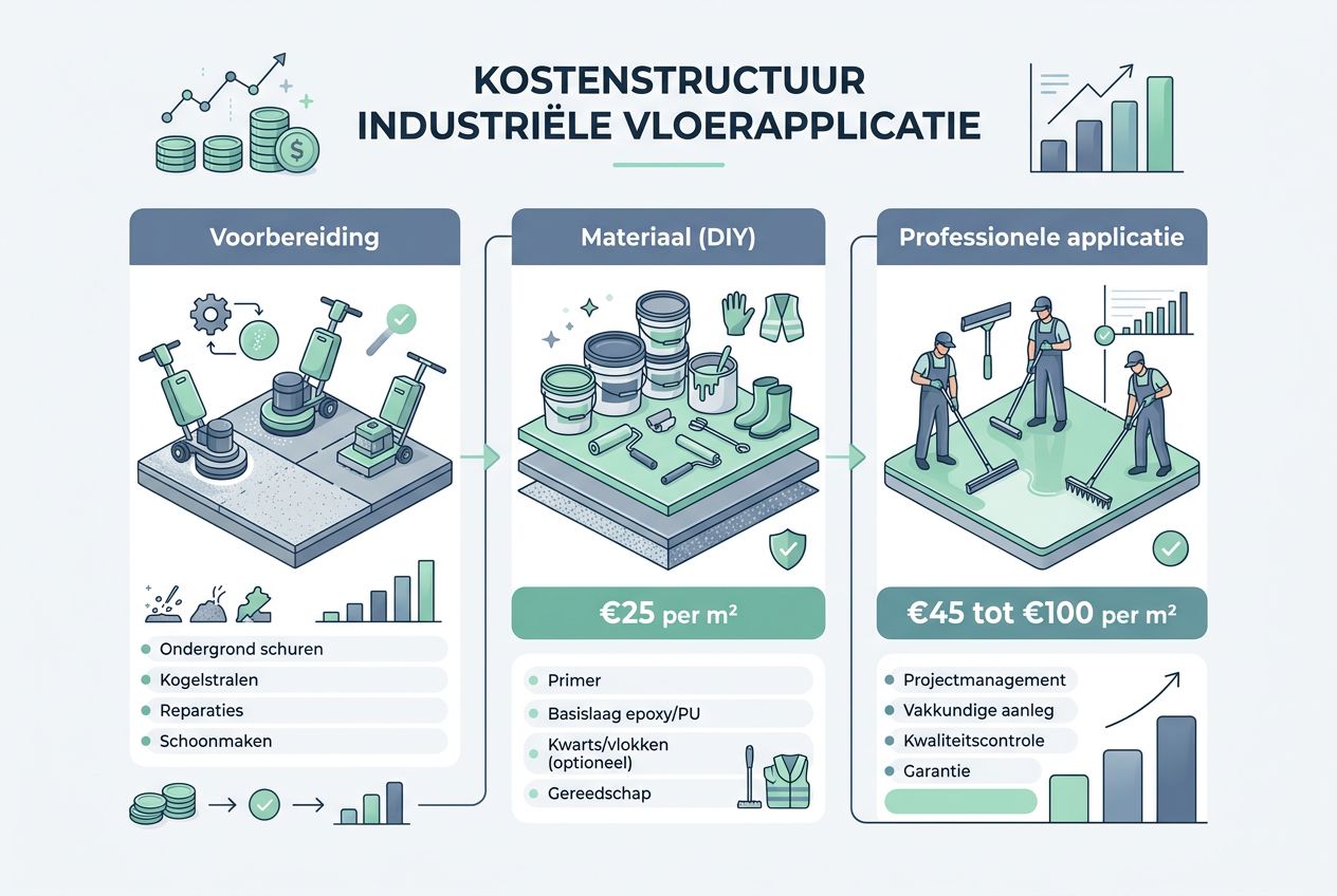 Overzicht van kostenopbouw voor magazijnvloeren, inclusief materiaal, voorbereiding en applicatie. Overzicht van kostenopbouw voor magazijnvloeren, inclusief materiaal, voorbereiding en applicatie.
