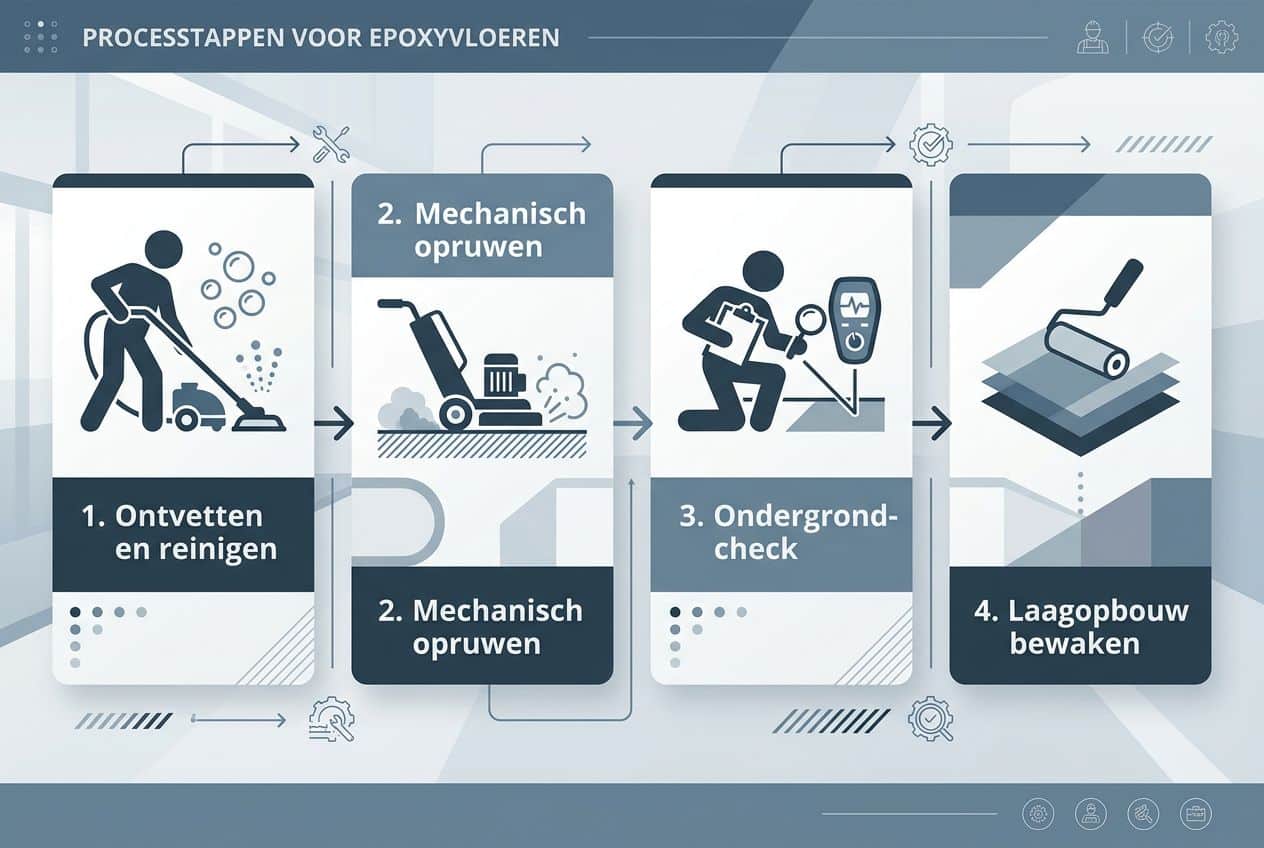 Infographic met het 4-stappenplan voor het aanbrengen van een epoxy magazijnvloer. Infographic met het 4-stappenplan voor het aanbrengen van een epoxy magazijnvloer.