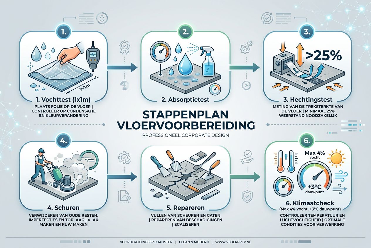 Infographic met het stappenplan voor het voorbereiden van de garagevloer. Infographic met het stappenplan voor het voorbereiden van de garagevloer.