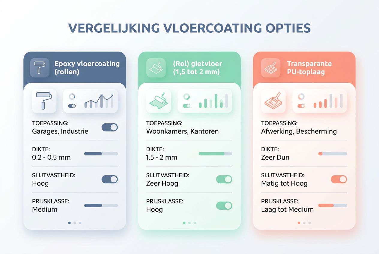 Tabel die epoxy vloercoating, gietvloer en PU-toplaag vergelijkt. Tabel die epoxy vloercoating, gietvloer en PU-toplaag vergelijkt.
