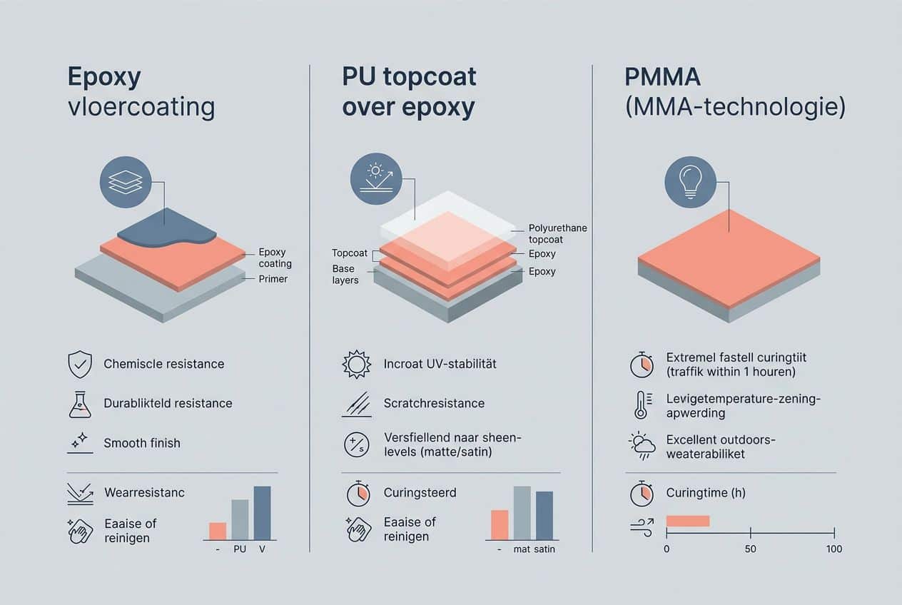 Vergelijking tussen Epoxy, PU en PMMA vloercoatings. Vergelijking tussen Epoxy, PU en PMMA vloercoatings.