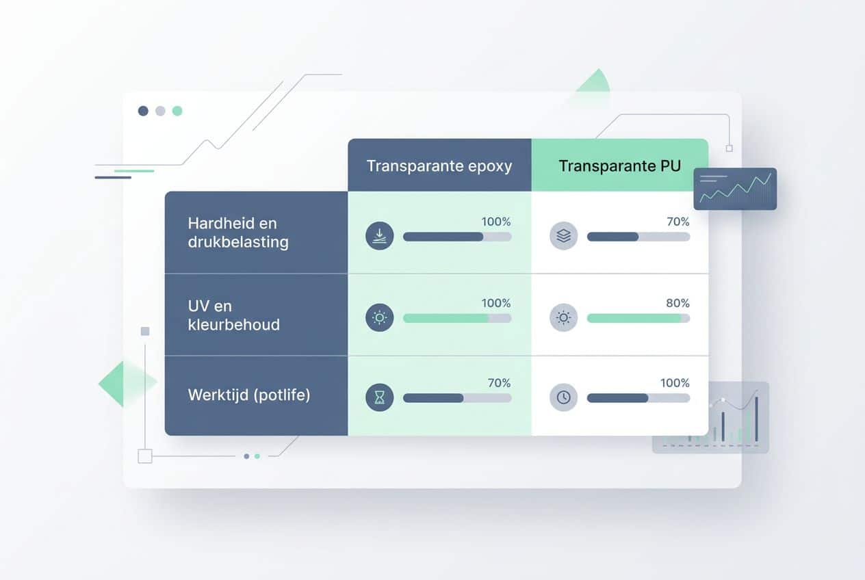 Een vergelijkingstabel tussen transparante epoxy en PU vloercoatings. Een vergelijkingstabel tussen transparante epoxy en PU vloercoatings.