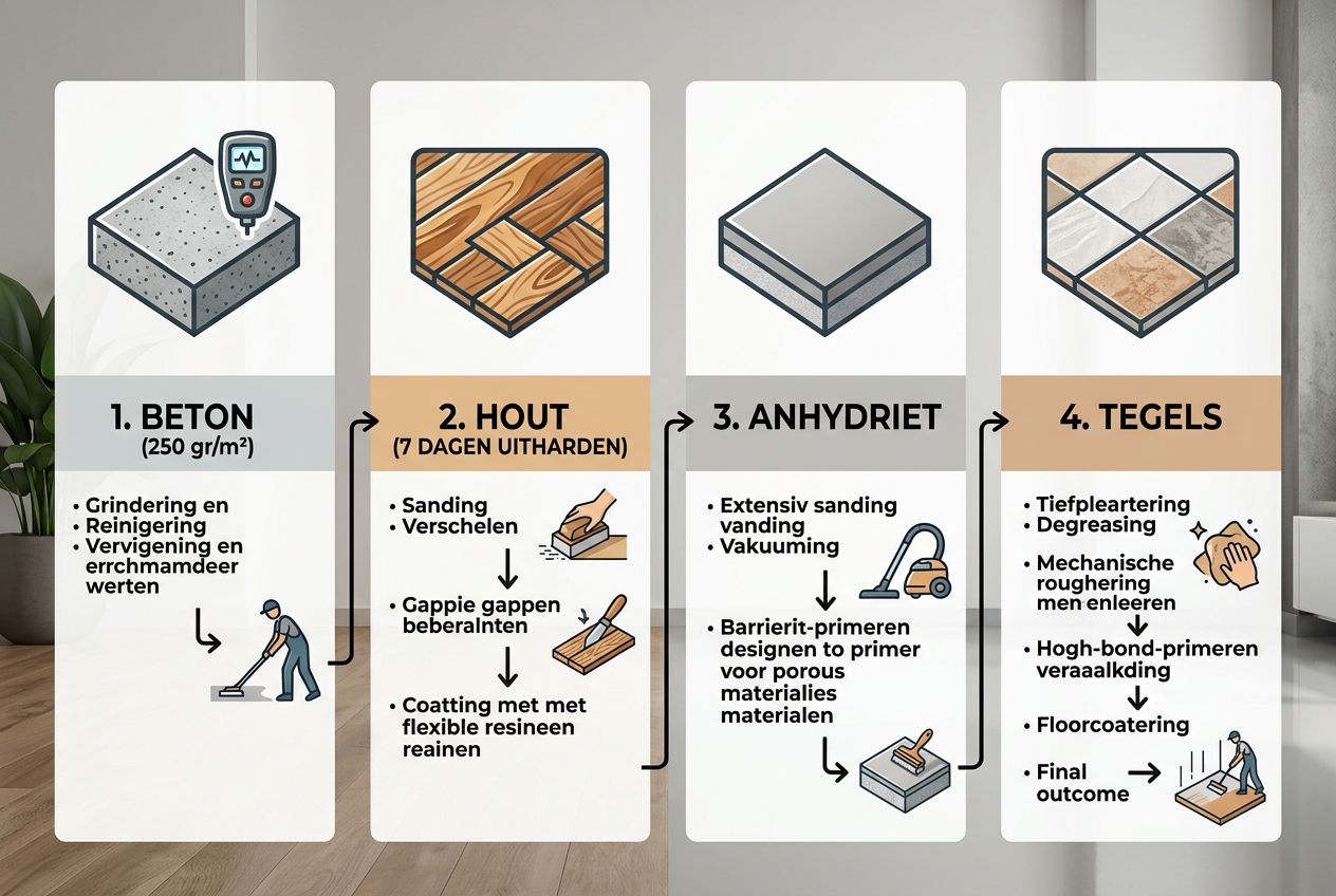Infographic met toepassingen van vloercoating per ondergrond zoals beton, hout en tegels. Infographic met toepassingen van vloercoating per ondergrond zoals beton, hout en tegels.