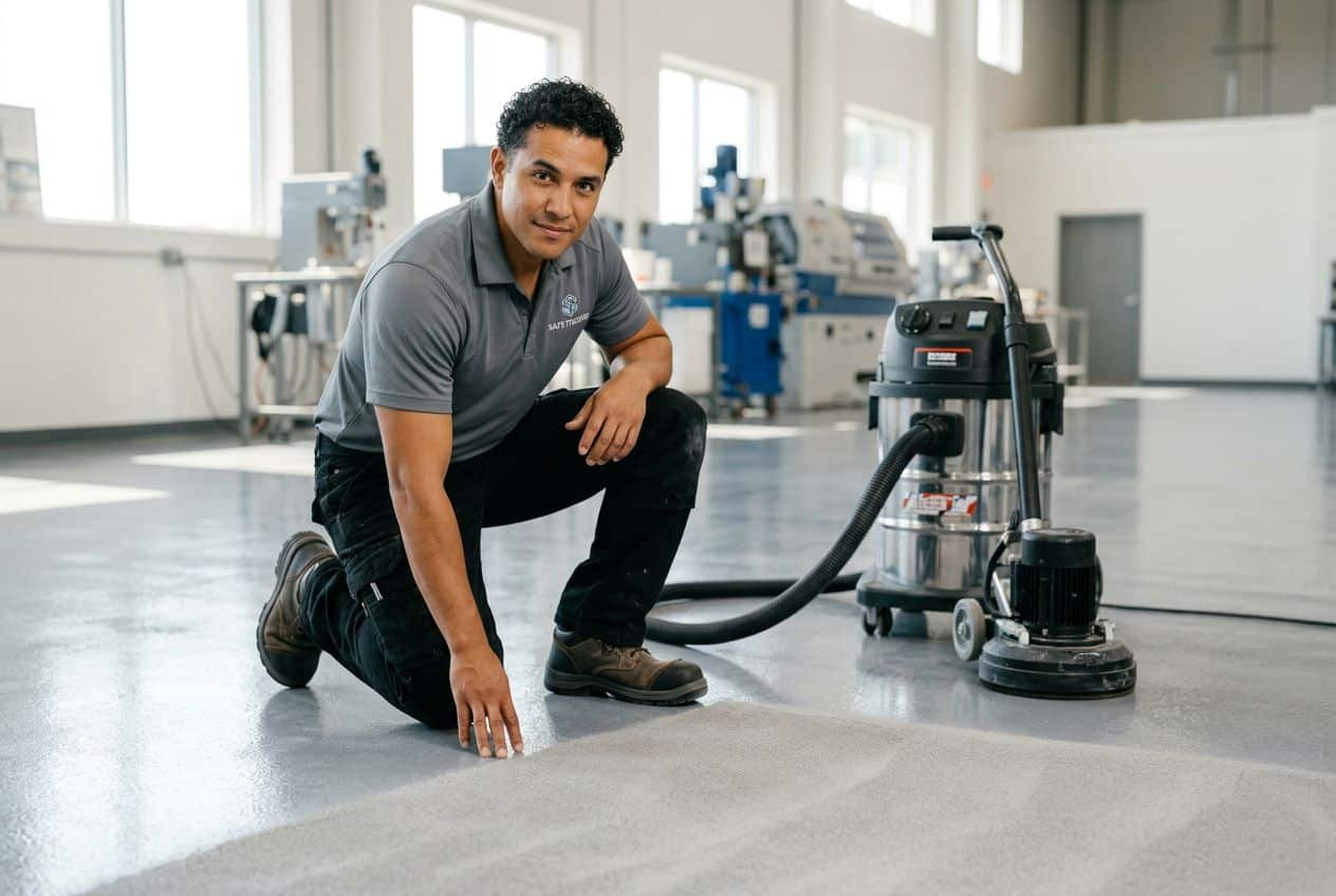 Vloerexpert inspecteert de voorbereiding van een betonnen vloer voor coating. Vloerexpert inspecteert de voorbereiding van een betonnen vloer voor coating.