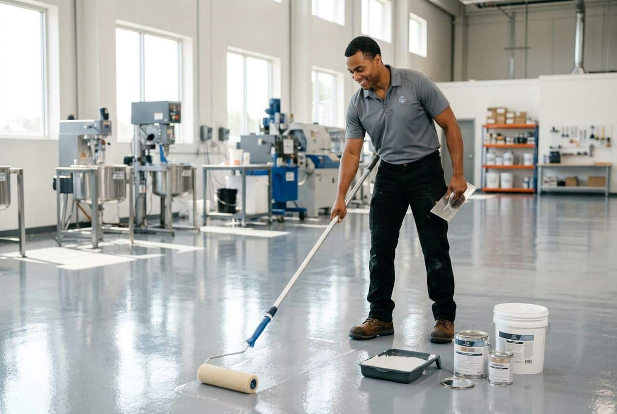 Vloerexpert brengt een nieuwe laag epoxycoating aan met een verfroller. Vloerexpert brengt een nieuwe laag epoxycoating aan met een verfroller.