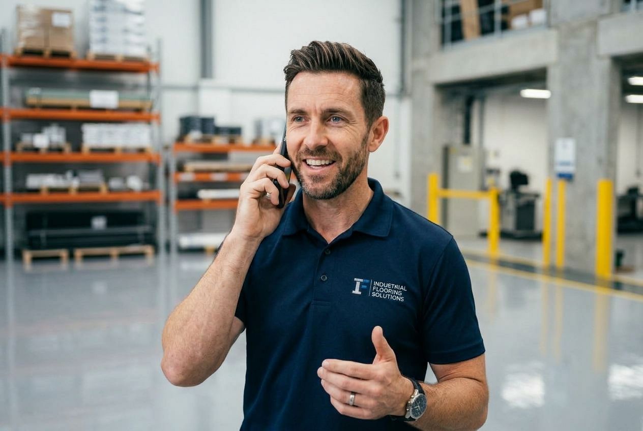 Industrieel vloerexpert geeft telefonisch advies over epoxy vloersystemen vanuit een magazijn. Industrieel vloerexpert geeft telefonisch advies over epoxy vloersystemen vanuit een magazijn.