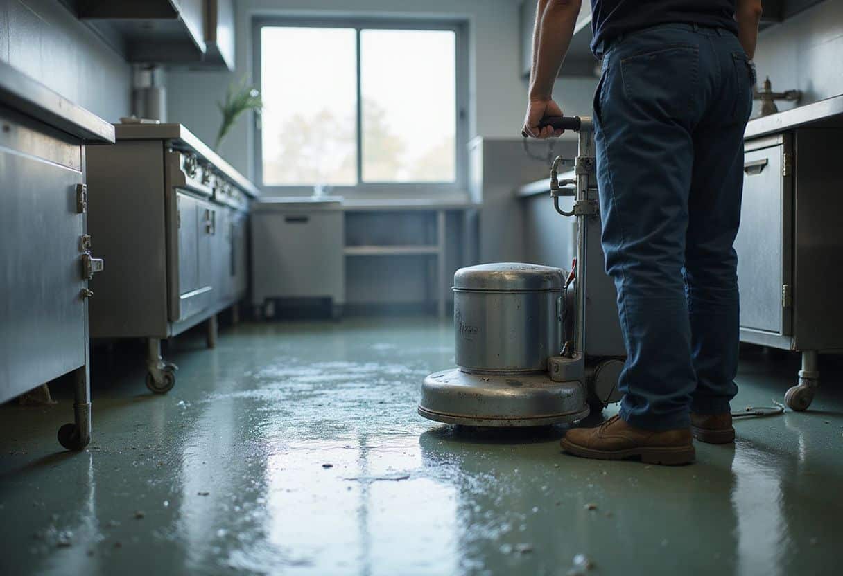 Een janitor staat geconcentreerd met een vloerreiniger in een keuken. Een janitor staat geconcentreerd met een vloerreiniger in een keuken.