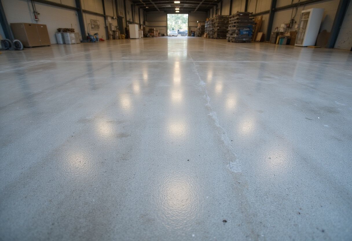 Groot industrieel werkplaatsvloei met antislipcoating en lichte slijtage. Groot industrieel werkplaatsvloei met antislipcoating en lichte slijtage.