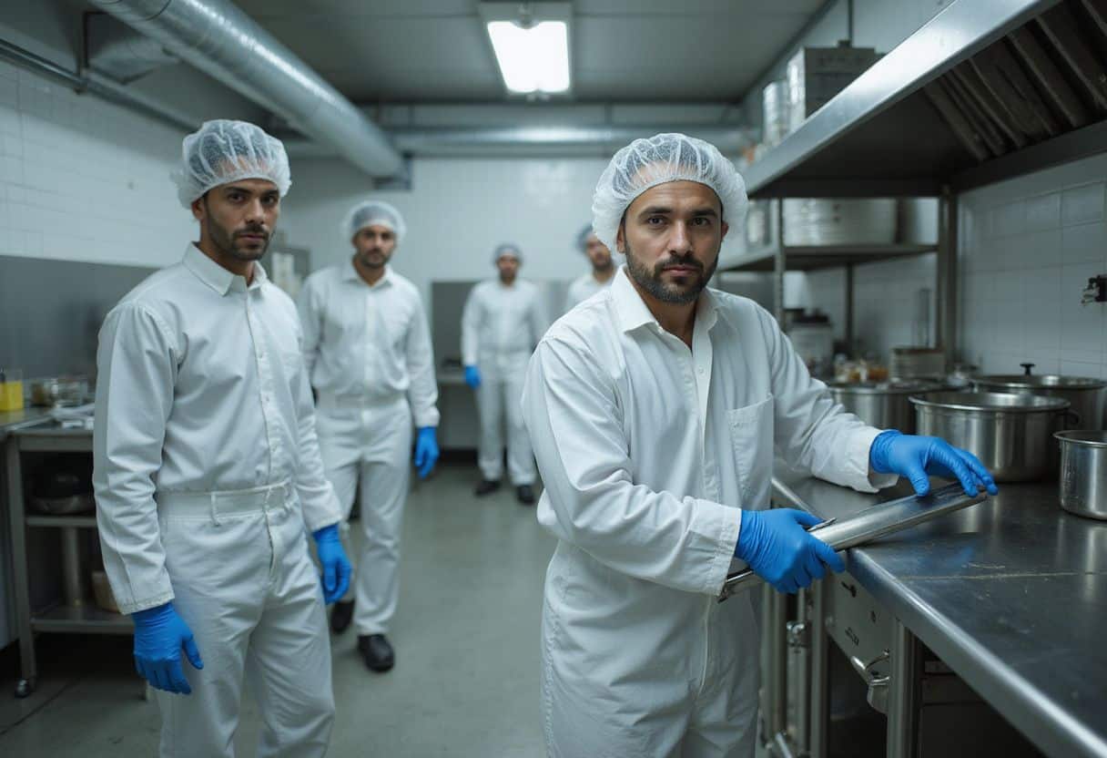 Een groep werknemers inspecteert en reinigt voedselverwerkingsmachines in een professionele keuken. Een groep werknemers inspecteert en reinigt voedselverwerkingsmachines in een professionele keuken.