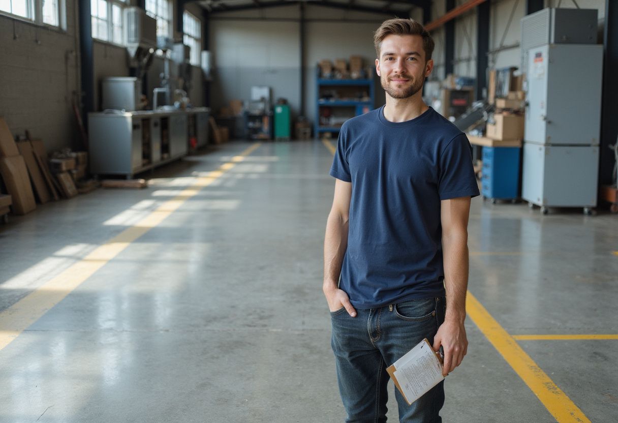Een man in een nette werkplaats met gestructureerde werkruimten. Een man in een nette werkplaats met gestructureerde werkruimten.