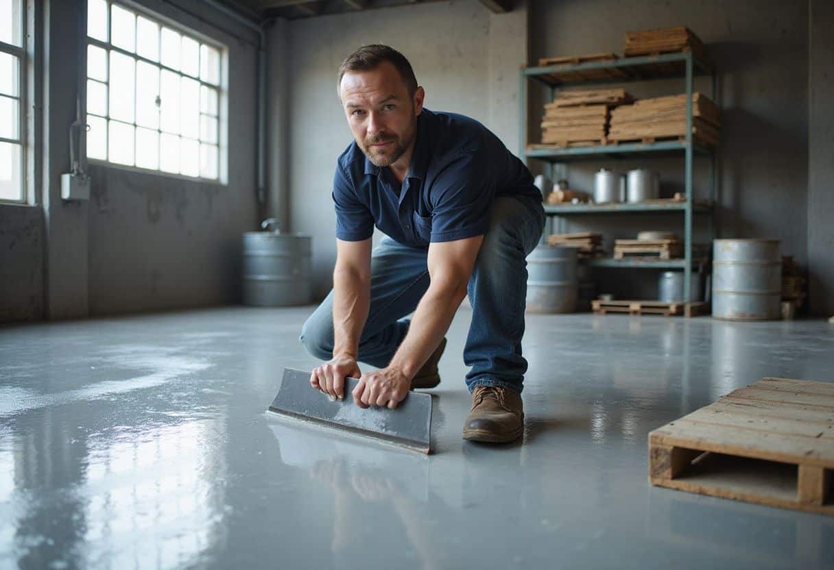 Een man coat een betonvloer in een ruime industriële magazijn. Een man coat een betonvloer in een ruime industriële magazijn.