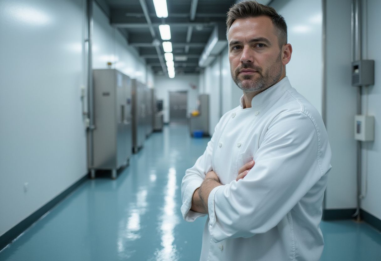 Een man in een witte chef-jacket inspecteert een moderne voedselverwerkingsfaciliteit. Een man in een witte chef-jacket inspecteert een moderne voedselverwerkingsfaciliteit.