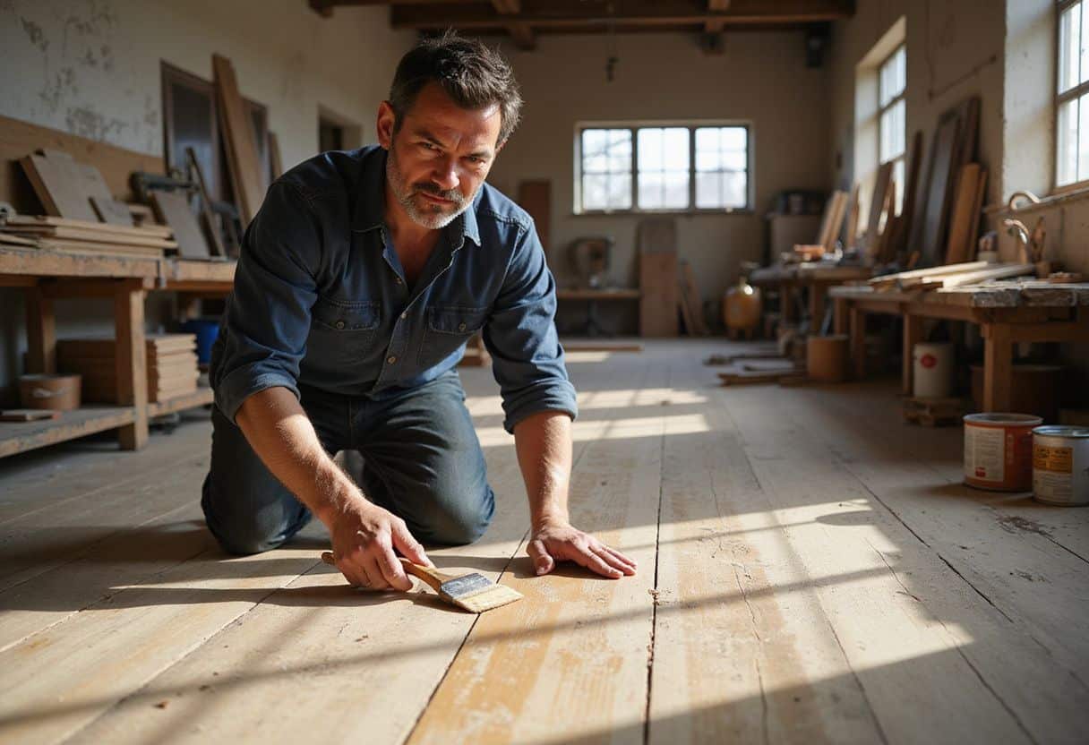 Een man coat een houten vloer in een houtbewerkingswerkplaats. Een man coat een houten vloer in een houtbewerkingswerkplaats.