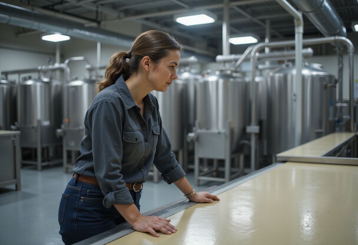 Een vrouw in werkkleding inspecteert een nieuwe epoxyvloer in een fabriek. Een vrouw in werkkleding inspecteert een nieuwe epoxyvloer in een fabriek.