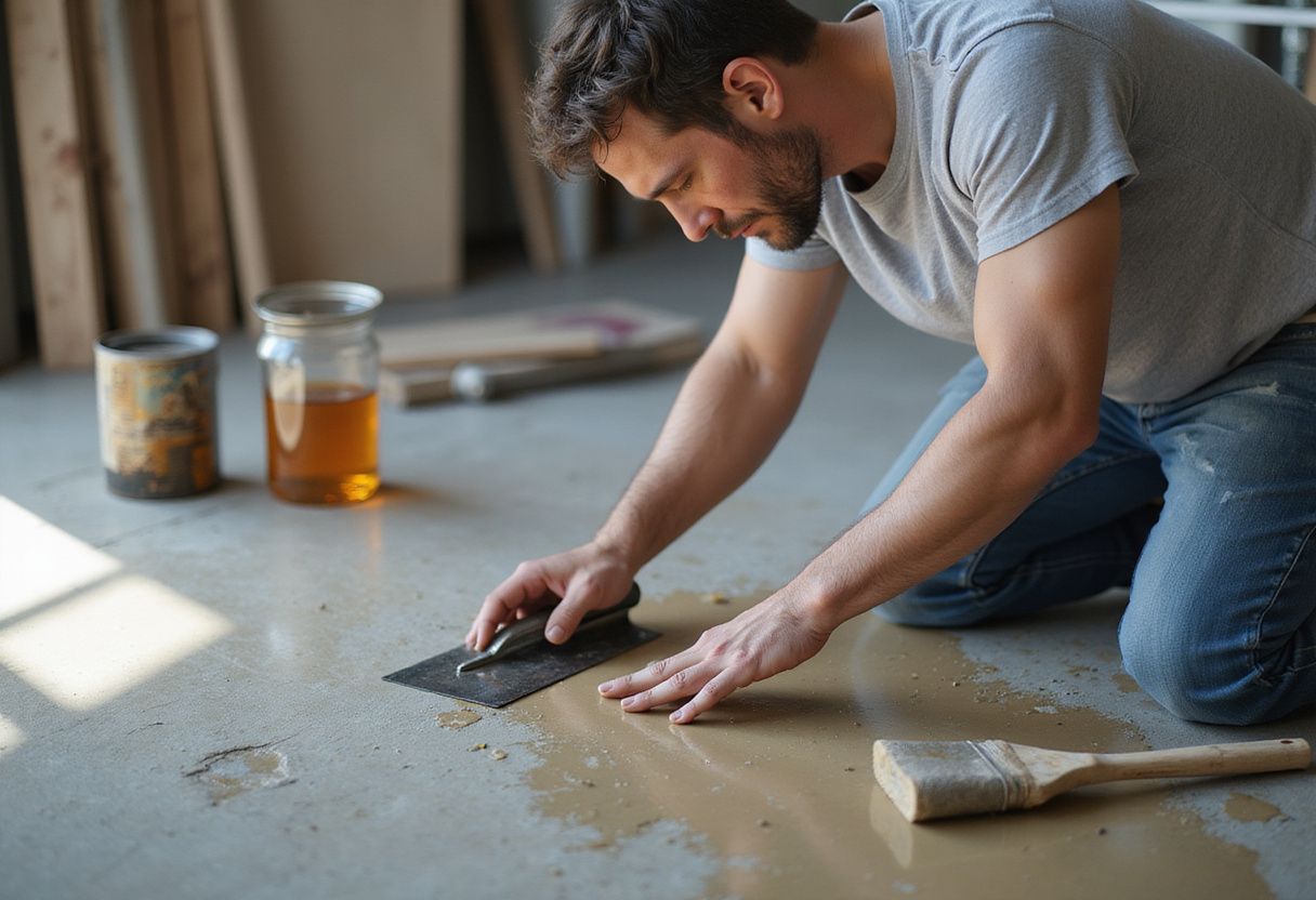 Een man coat een betonnen vloer met epoxy in een werkplaats. Een man coat een betonnen vloer met epoxy in een werkplaats.