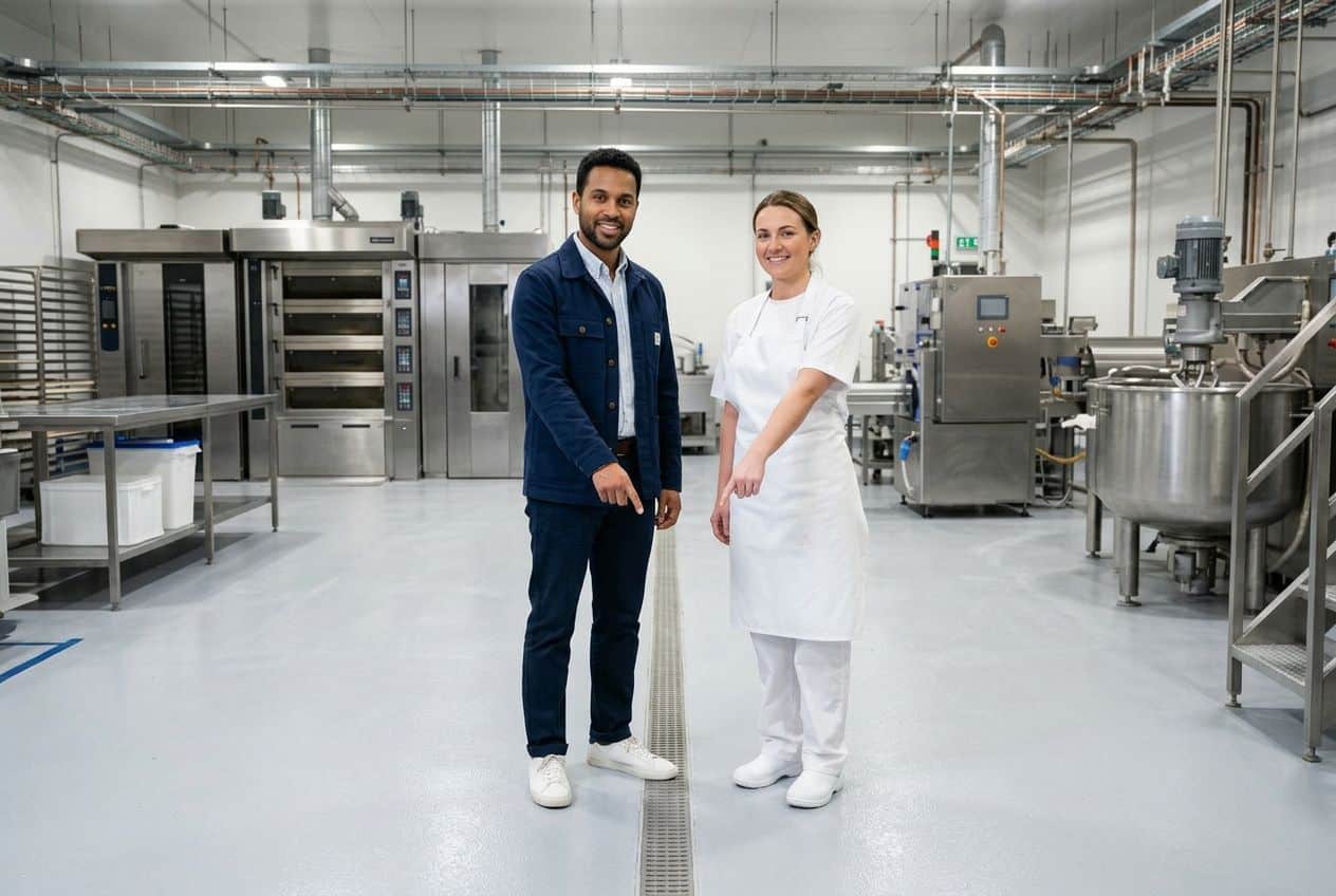 Een vloerexpert en een bakker inspecteren samen de hygiënische fabrieksvloer in een industriële bakkerij. Een vloerexpert en een bakker inspecteren samen de hygiënische fabrieksvloer in een industriële bakkerij.