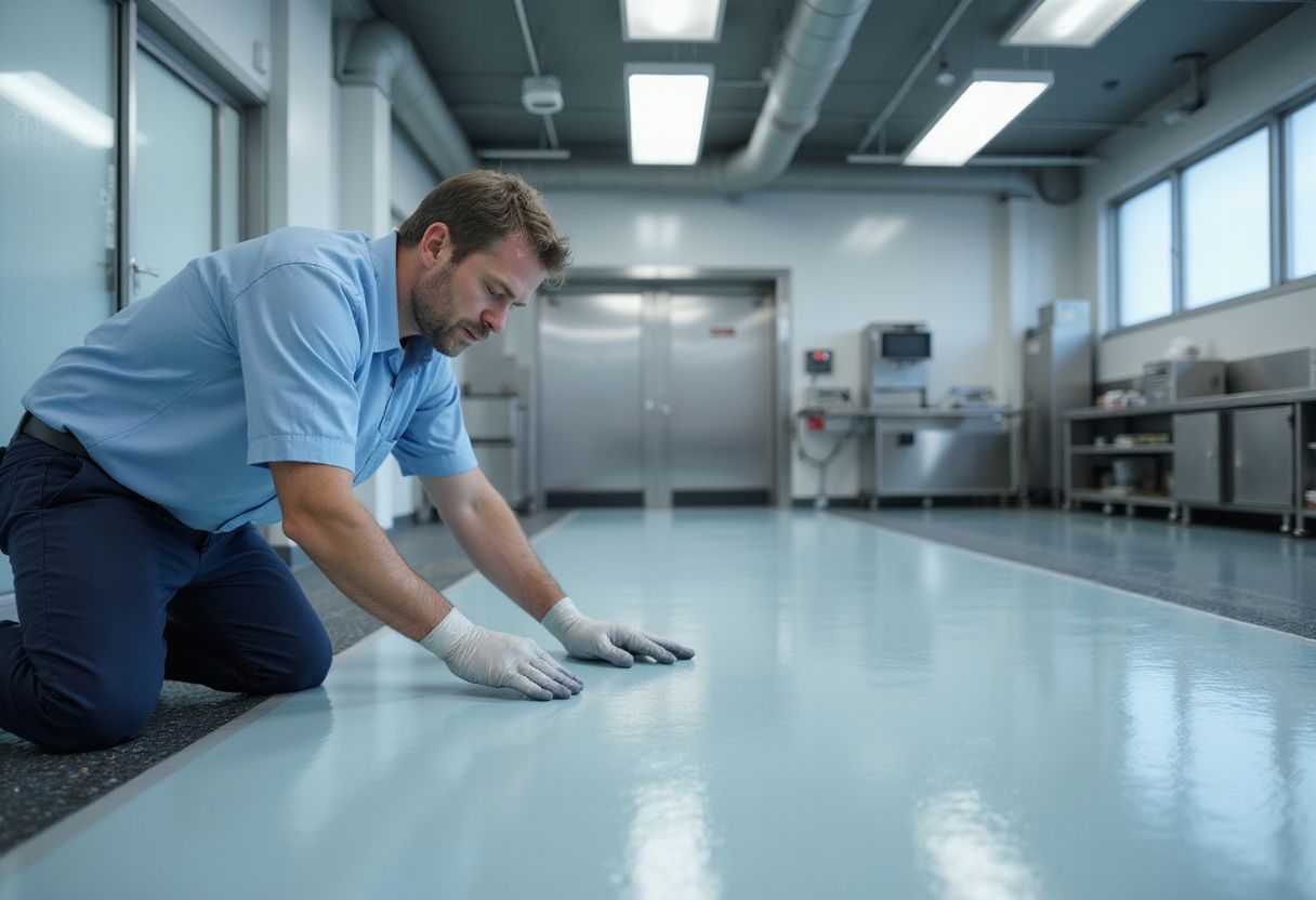 Een man in uniform coating een industrievloer in een schone omgeving. Een man in uniform coating een industrievloer in een schone omgeving.