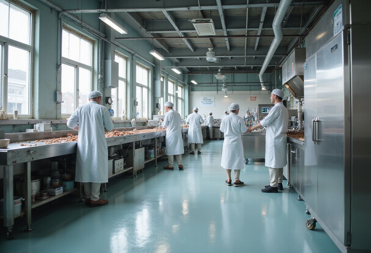 Drukke voedselverwerkingsfaciliteit met nette werknemers en hygiënische apparatuur. Drukke voedselverwerkingsfaciliteit met nette werknemers en hygiënische apparatuur.