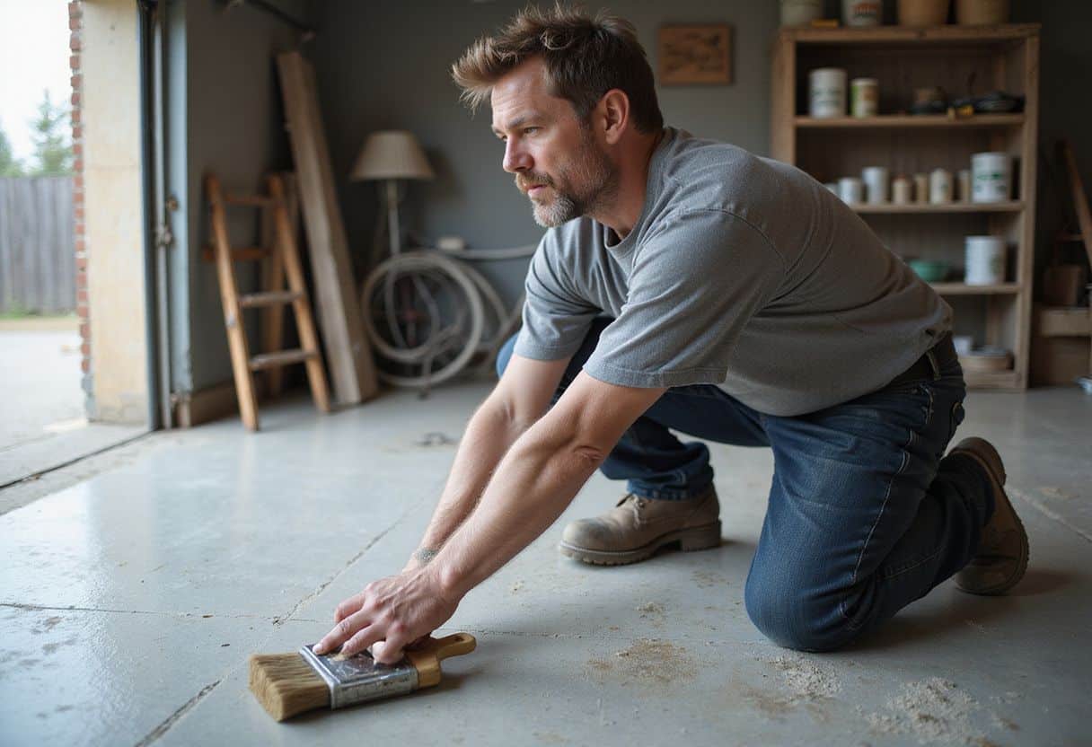 Een man schildert zorgvuldig een betonnen garagevloer met sealant. Een man schildert zorgvuldig een betonnen garagevloer met sealant.