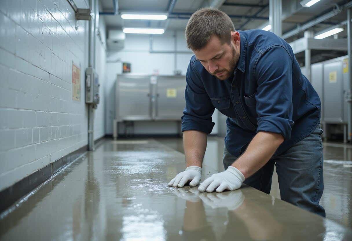 Een man brength antistatische coating aan op een betonvloer. Een man brength antistatische coating aan op een betonvloer.