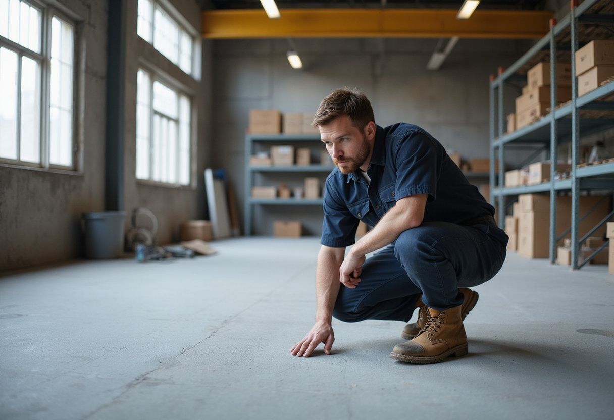 Een werknemer inspecteert zorgvuldig de net aangebrachte vloercoating in een werkplaats. Een werknemer inspecteert zorgvuldig de net aangebrachte vloercoating in een werkplaats.