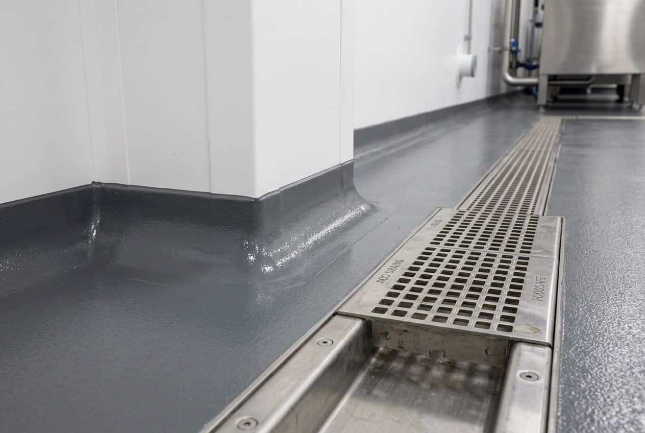 Close-up van een naadloze holle plint en roestvrijstalen afvoer in een industriële vloer. Close-up van een naadloze holle plint en roestvrijstalen afvoer in een industriële vloer.