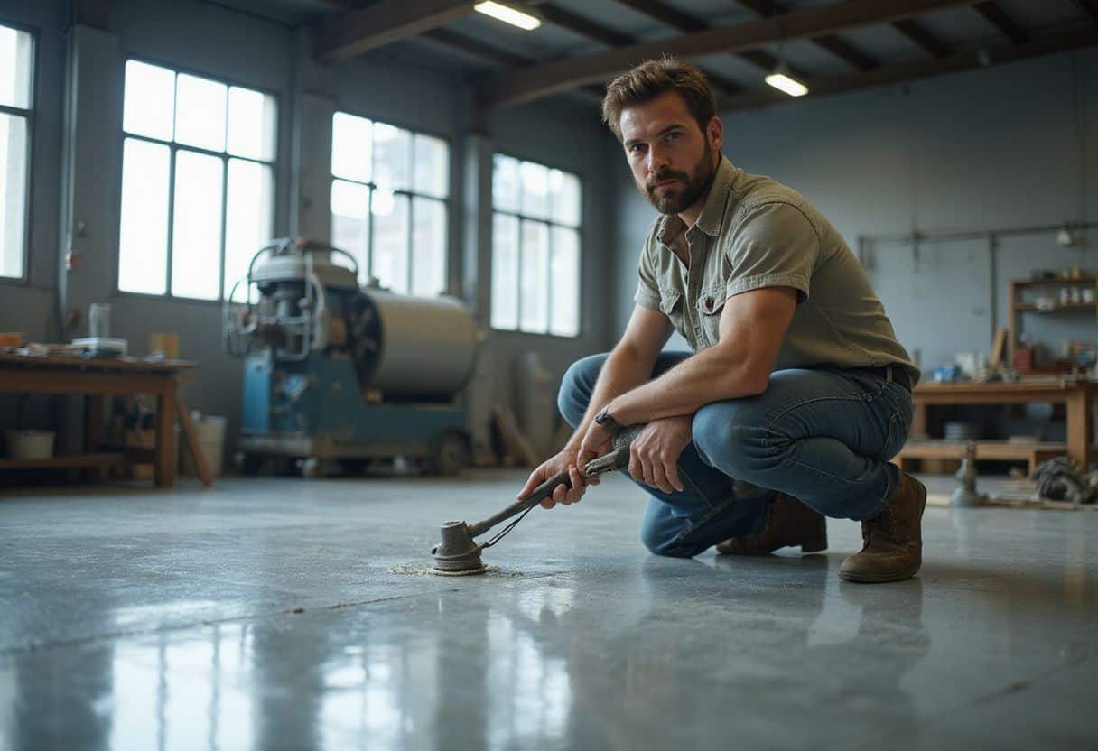 Een man brengt zorgvuldig een transparante vloercoating aan in een werkplaats. Een man brengt zorgvuldig een transparante vloercoating aan in een werkplaats.