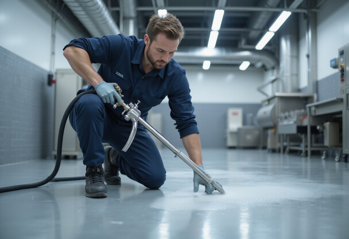 Een werknemer brengt polyurea coating aan op een vloertegel. Een werknemer brengt polyurea coating aan op een vloertegel.