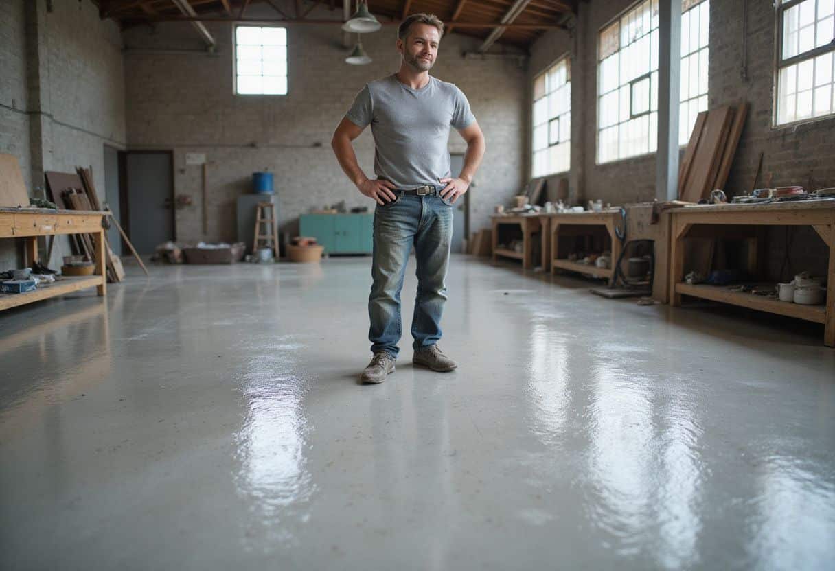 Een man inspecteert een glanzende epoxycoating op een betonvloer. Een man inspecteert een glanzende epoxycoating op een betonvloer.
