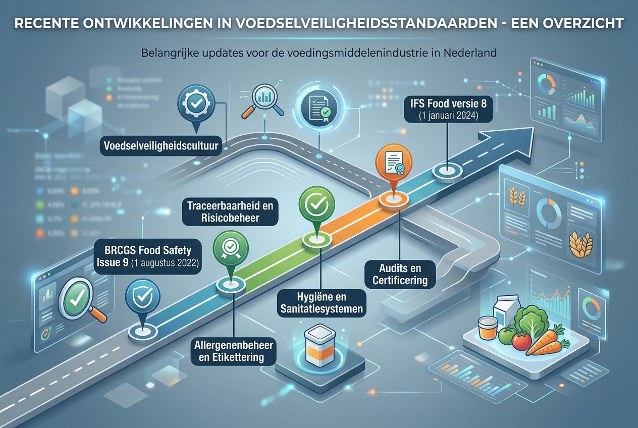 Infographic met de tijdlijn van recente BRCGS en IFS voedselveiligheidsnormen. Infographic met de tijdlijn van recente BRCGS en IFS voedselveiligheidsnormen.