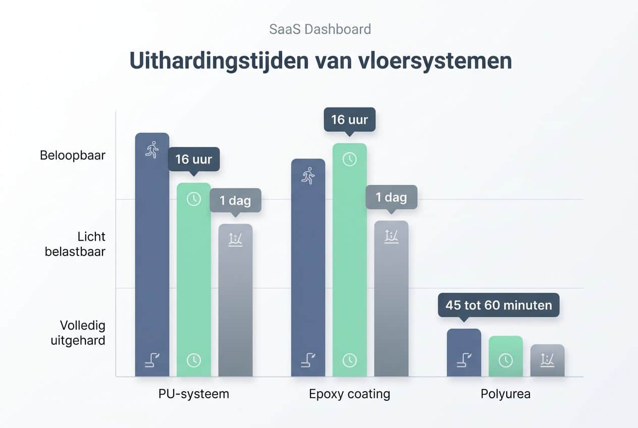 Tabel die de uithardingstijden vergelijkt van PU-systeem, epoxy en polyurea. Tabel die de uithardingstijden vergelijkt van PU-systeem, epoxy en polyurea.