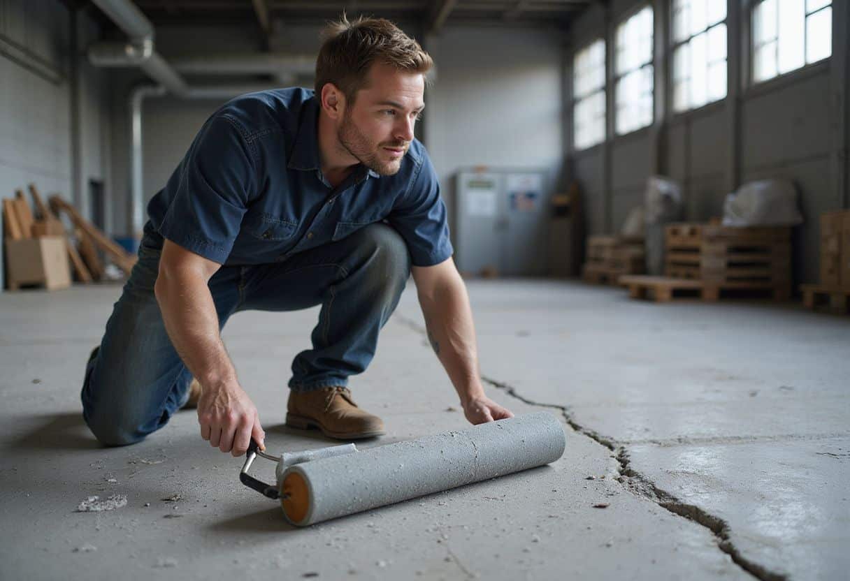 Een man brengt een antislipcoating aan op een betonnen vloer. Een man brengt een antislipcoating aan op een betonnen vloer.