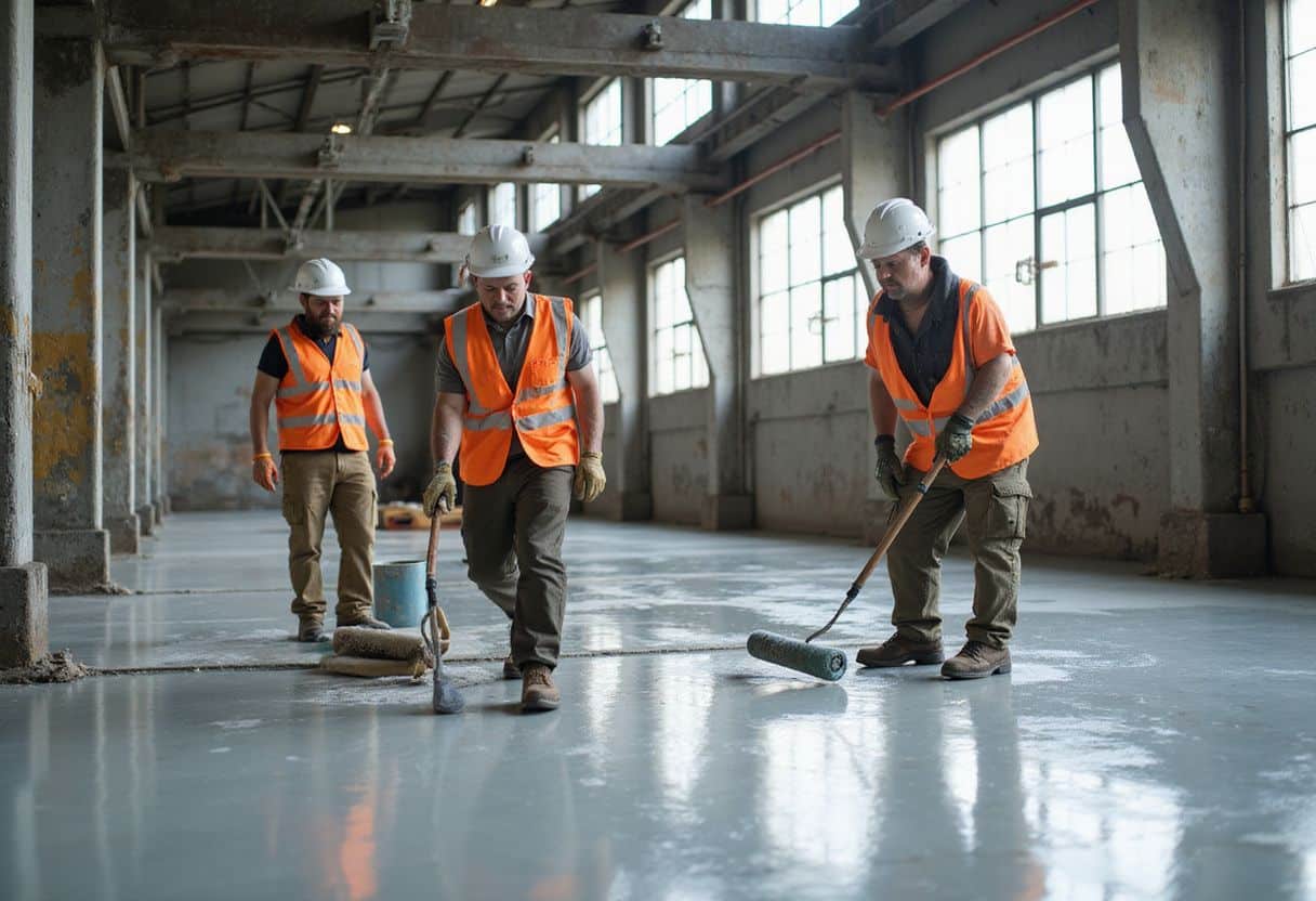 Een groep fabriekswerkers brengt antislipcoating aan op betonvloer. Een groep fabriekswerkers brengt antislipcoating aan op betonvloer.