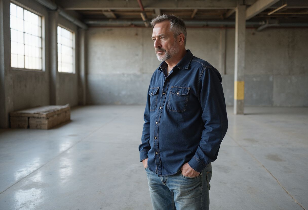 Een middelbare man inspecteert zorgvuldig verschillende vloerafwerkingen in een magazijn. Een middelbare man inspecteert zorgvuldig verschillende vloerafwerkingen in een magazijn.