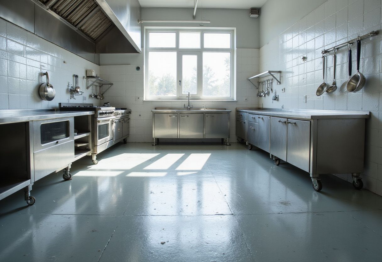 Een commerciële keuken met schone roestvrijstalen oppervlakken en goed georganiseerde apparatuur. Een commerciële keuken met schone roestvrijstalen oppervlakken en goed georganiseerde apparatuur.