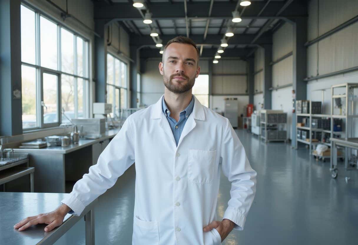 Een man in een laboratoriumcoat in een schone industriële omgeving. Een man in een laboratoriumcoat in een schone industriële omgeving.