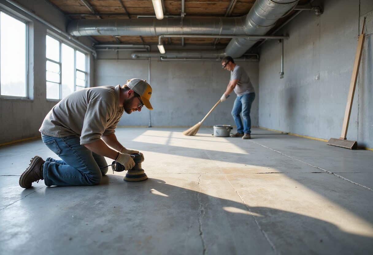 Technici bereiden een industriële vloer voor coating in een werkplaats. Technici bereiden een industriële vloer voor coating in een werkplaats.
