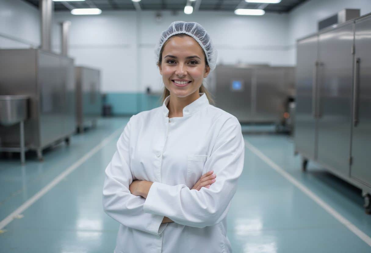 Een vrouw in een labjas staat in een schone voedselverwerkingsplant. Een vrouw in een labjas staat in een schone voedselverwerkingsplant.