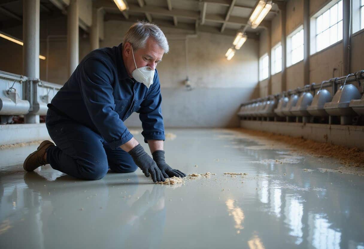 Een boer legt een glanzende epoxyvloer in een hoenderstal aan. Een boer legt een glanzende epoxyvloer in een hoenderstal aan.
