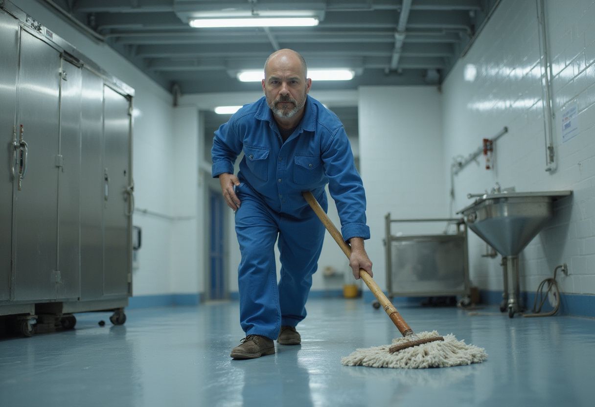 Een man schoonmaakt de vloer in een voedselverwerkingsfaciliteit. Een man schoonmaakt de vloer in een voedselverwerkingsfaciliteit.