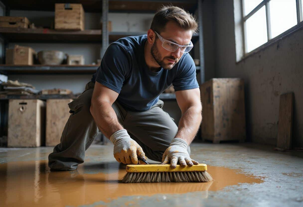 Een man brengt glanzende vloercoating aan in een werkplaats. Een man brengt glanzende vloercoating aan in een werkplaats.